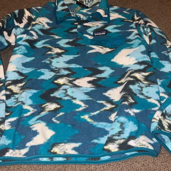 Patagonia Vintage Rare Large Synchilla Trout Tales Elwha Blue Snap-T Fleece S - Picture 1 of 5